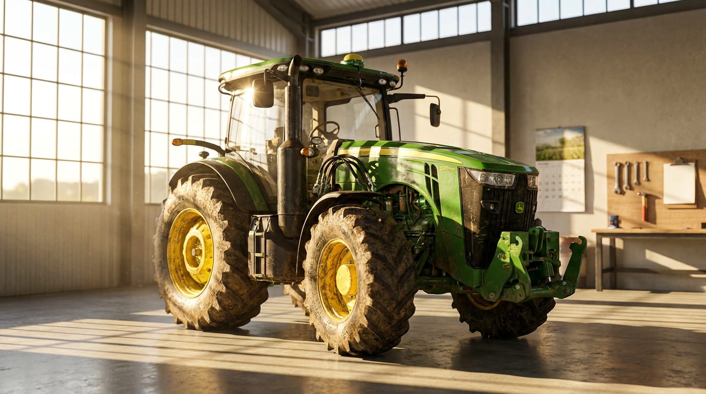 Green and yellow agricultural tractor parked in modern farm equipment barn with morning sunlight streaming through industrial windows