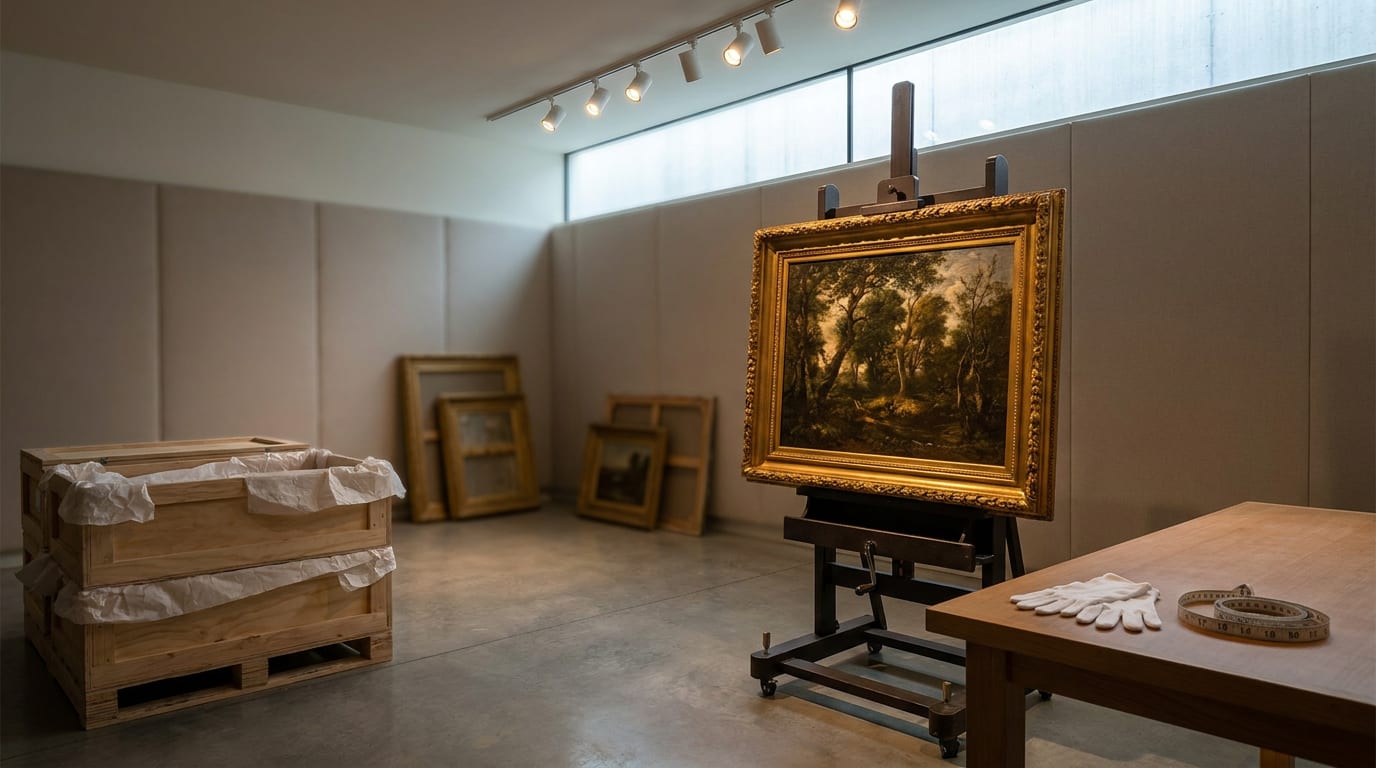 Climate-controlled fine art storage room with oil painting on museum-grade easel under gallery lighting