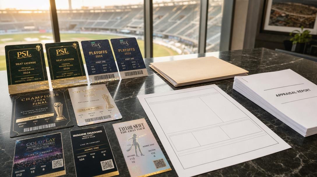 Premium sports tickets and event passes arranged with IRS Form 8283 and appraisal documents on marble surface
