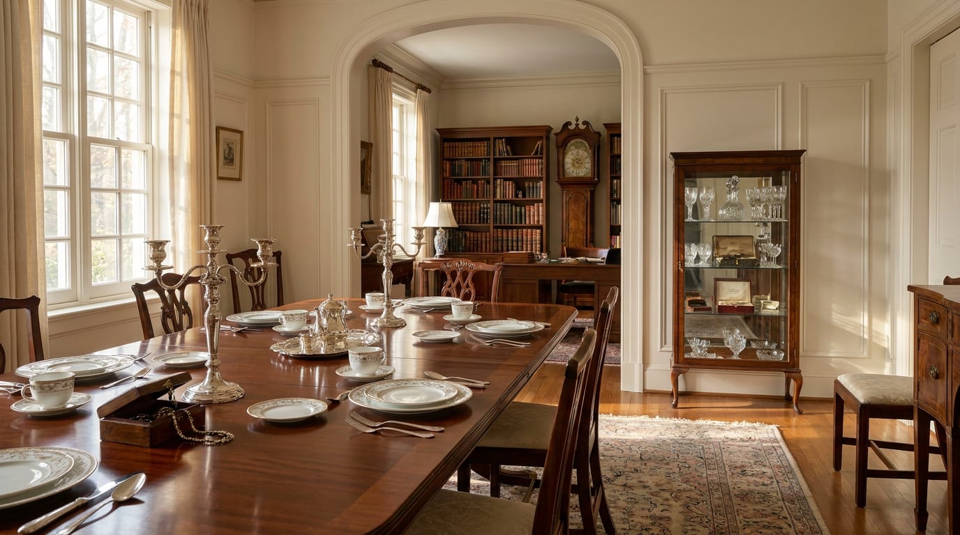 Formal dining room with mahogany table, antique silverware, crystal glassware, leather-bound books, and grandfather clock in morning sunlight