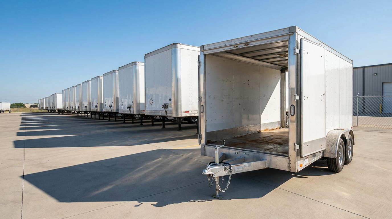 Row of commercial trailers in industrial storage yard with open cargo trailer showing steel flooring and hitch assembly