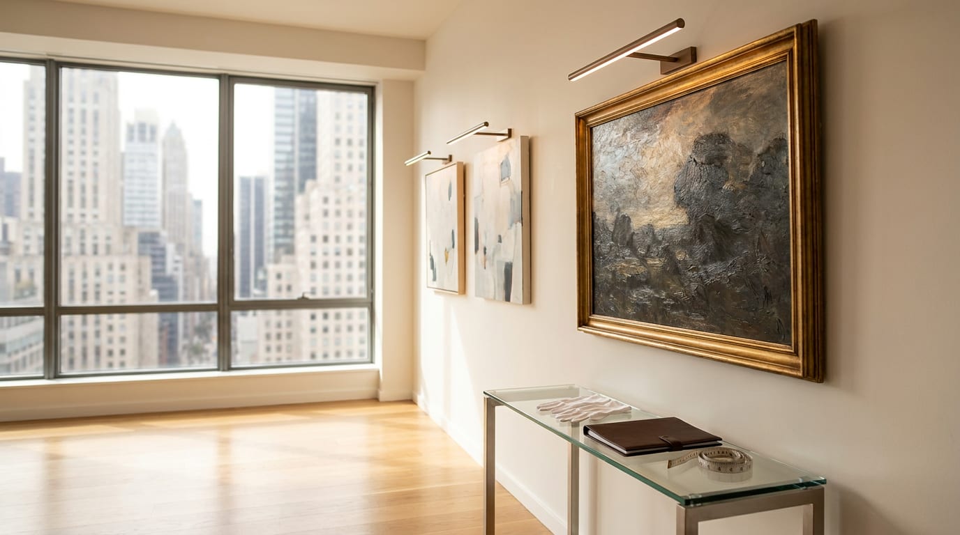 Minimalist Manhattan gallery room with framed oil painting, contemporary canvases, museum lighting, and conservation supplies on glass console table
