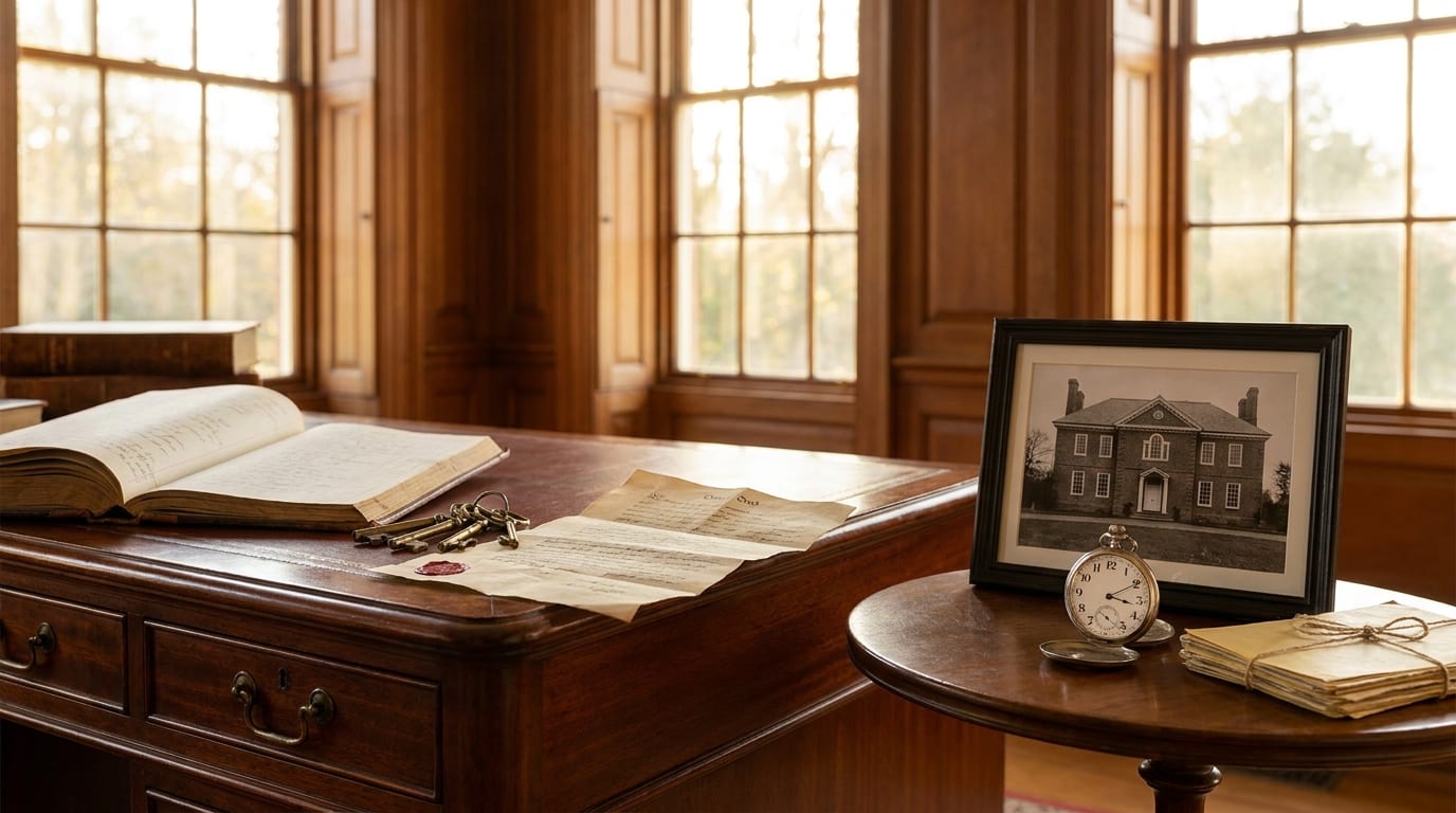 Study with mahogany desk, leather ledger, brass keys, property deed, and vintage pocket watch by sunlit window