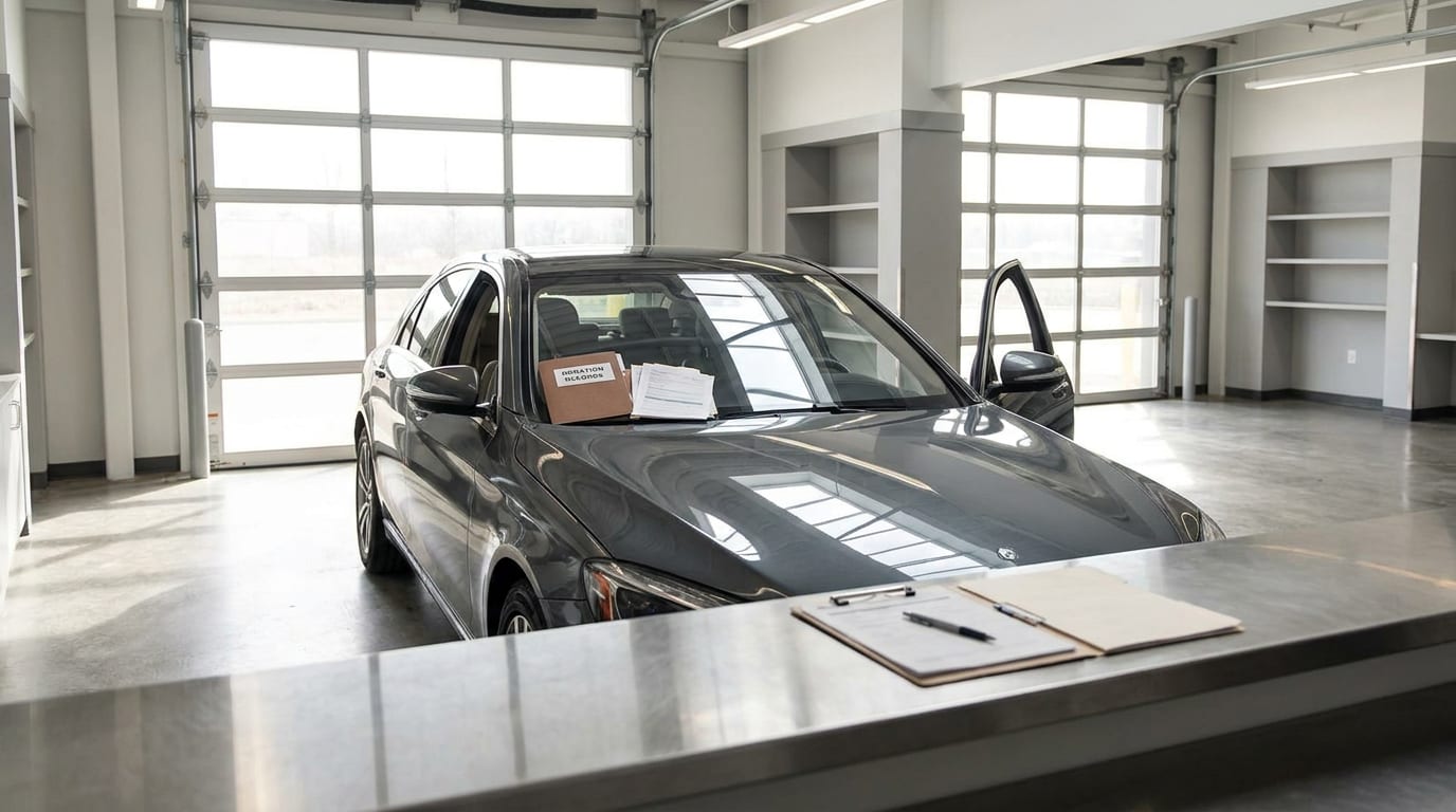 Sedan parked in modern donation center bay with sunlight streaming through glass doors, glove compartment open showing paperwork