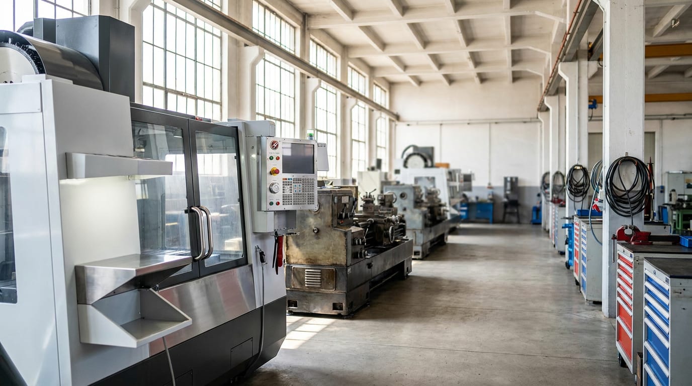 Row of CNC milling machines and lathes with varying wear patterns in industrial machine shop