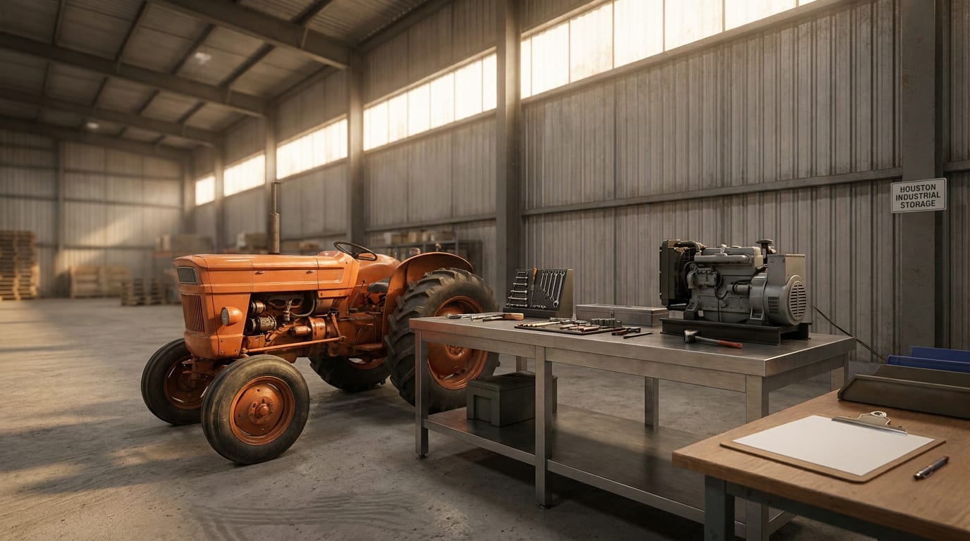 Industrial warehouse bay with heavy equipment, workbench, and generator in morning light