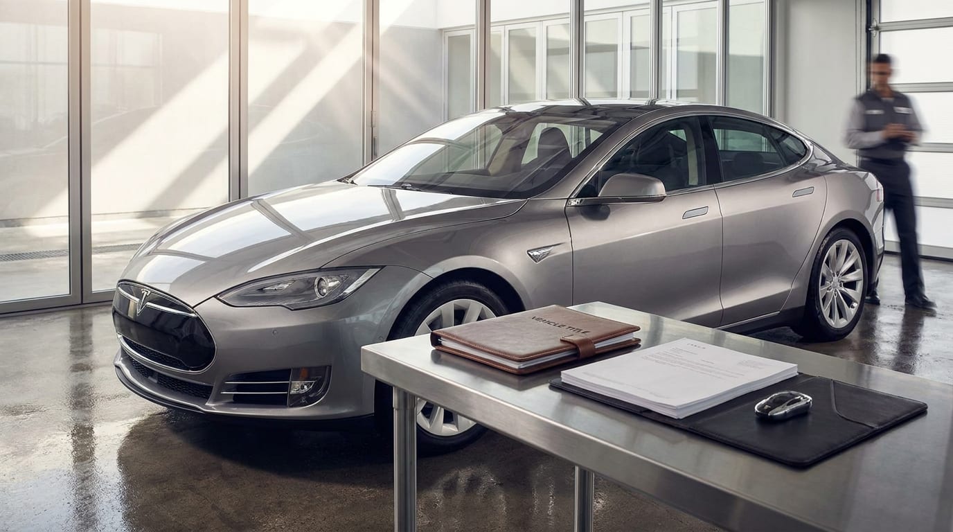 Modern sedan in inspection bay with vehicle documents and title paperwork on steel table