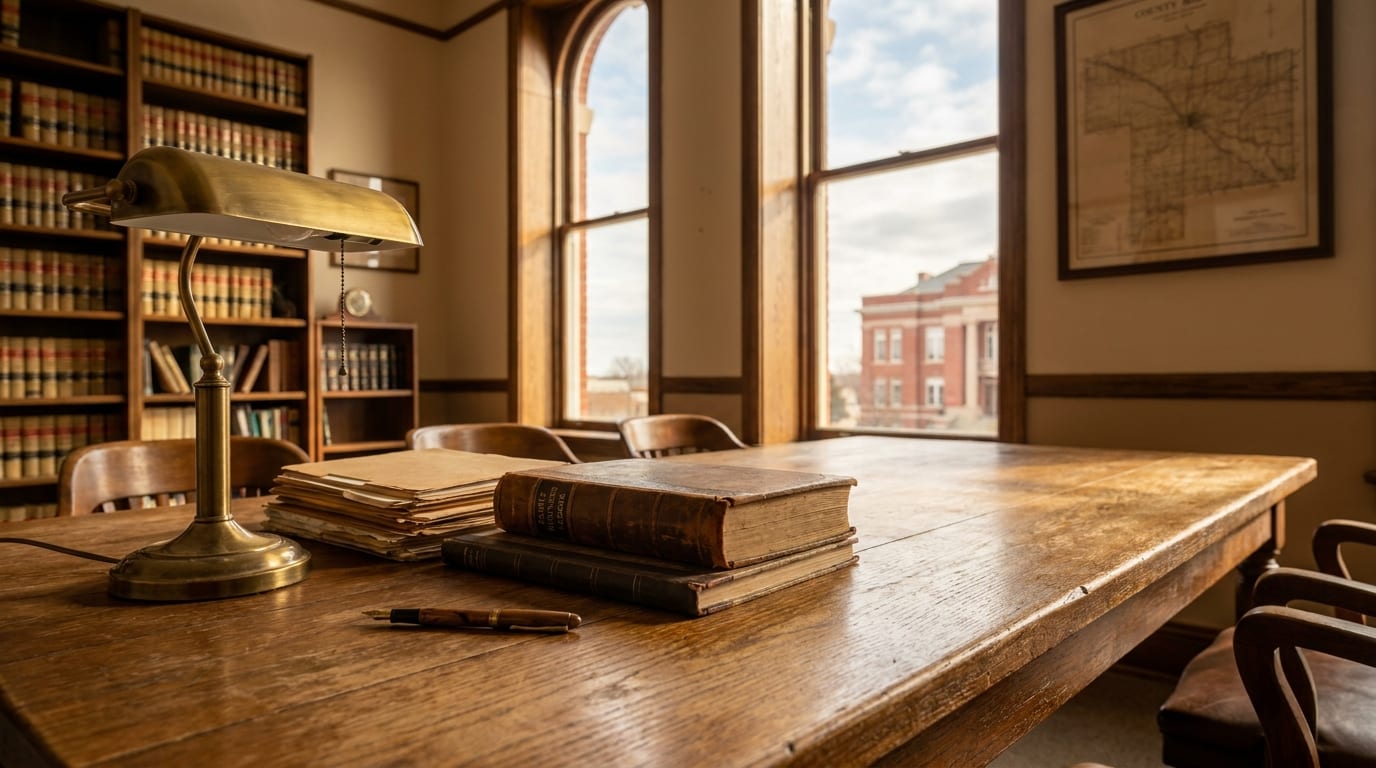 Oklahoma law office with reclaimed oak conference table, legal documents, brass lamp, and courthouse view through windows