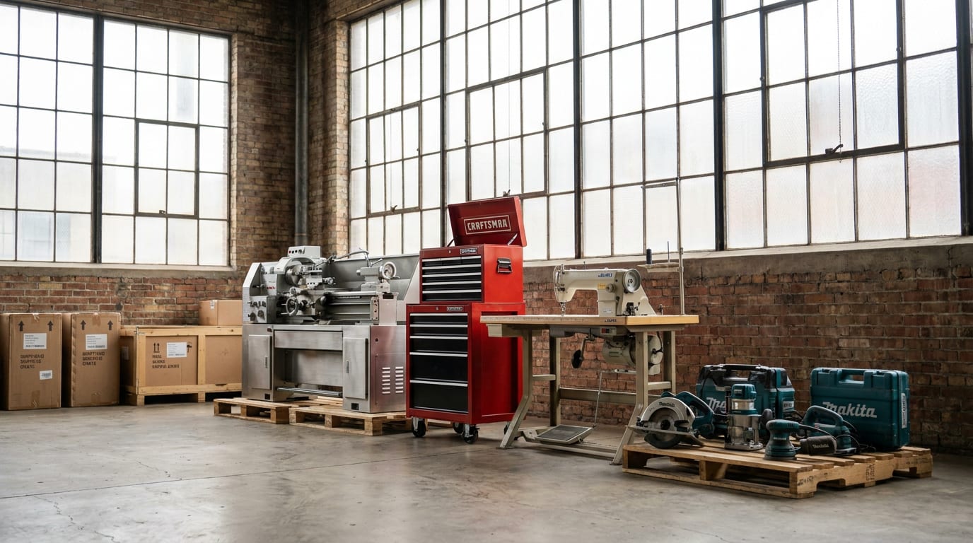 Donated workshop equipment including metal lathe, toolboxes, sewing machine, and woodworking tools arranged on concrete floor in sunlit industrial bay