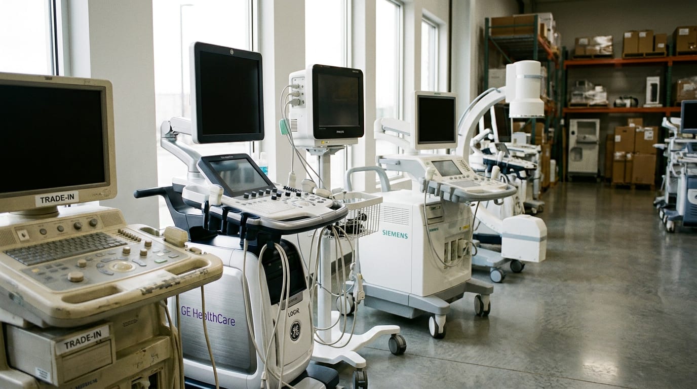 Modern medical diagnostic equipment in a showroom with ultrasound unit, patient monitor, and imaging console on polished concrete floor