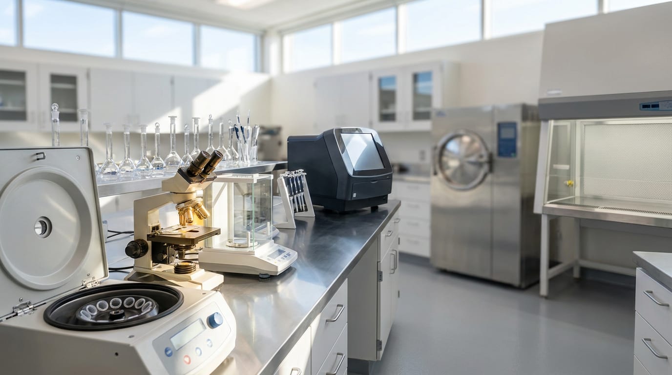 Modern research laboratory with microscope, centrifuge, analytical balance, and scientific instruments on stainless steel benches