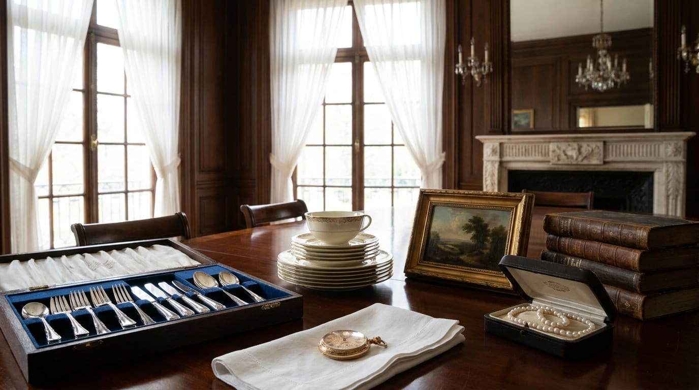 Mahogany table displaying sterling silver flatware, porcelain china, pocket watch, pearls, oil painting, and books in sunlit formal dining room