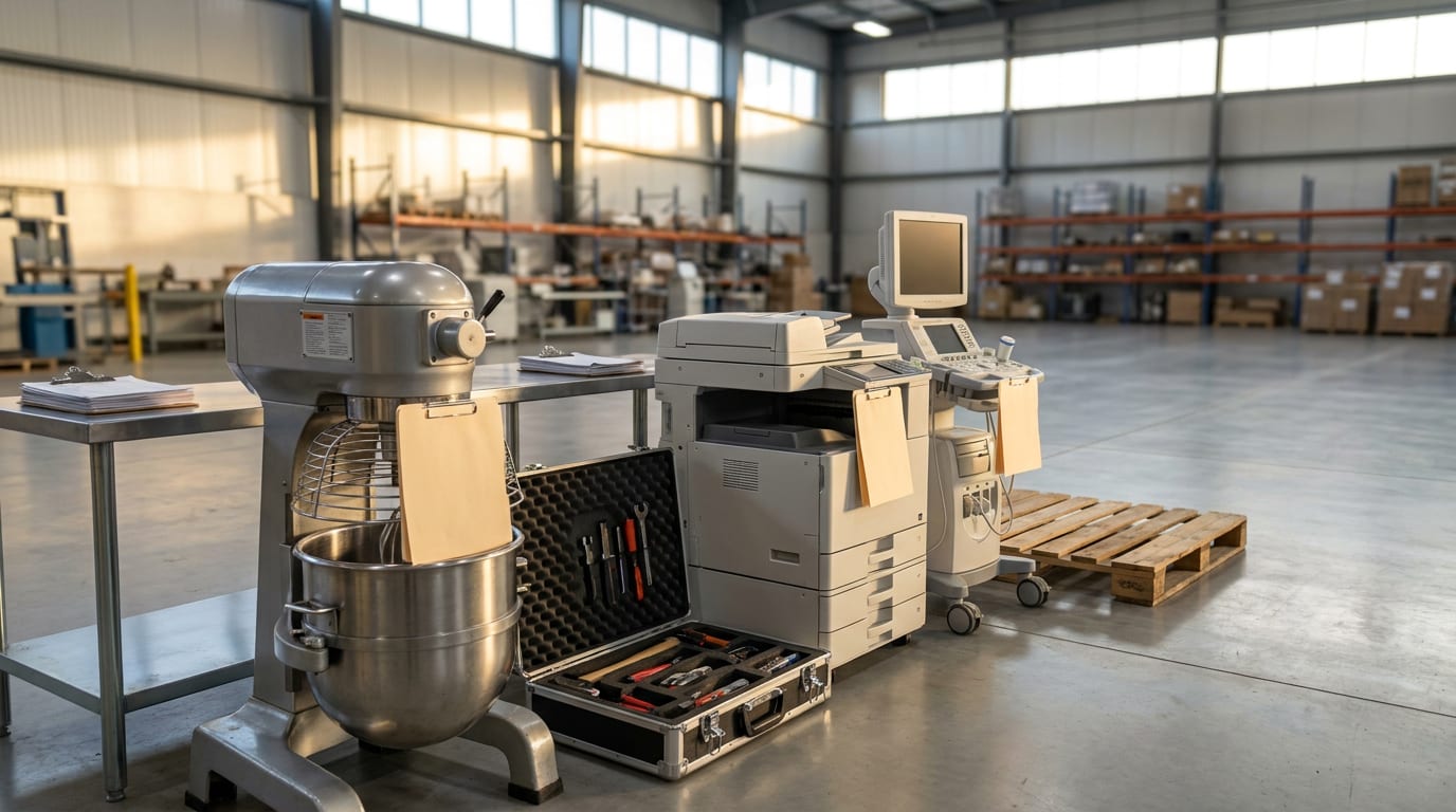 Organized warehouse with donated equipment on concrete floor, including kitchen mixer, tools, copier, and medical device, with documentation folder…