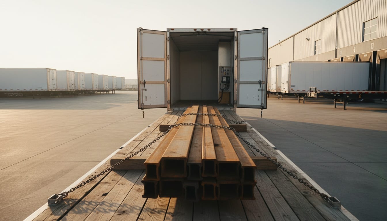 Row of commercial trailers with steel I-beams on flatbed and refrigerated units in equipment yard