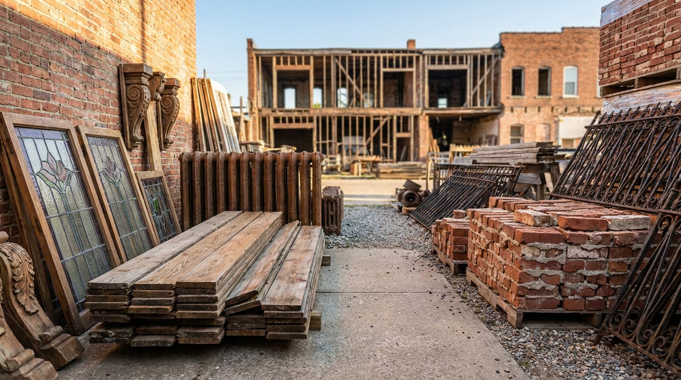 Architectural salvage yard with organized stacks of reclaimed materials including heart-pine flooring, cast-iron radiators, wooden corbels, stained…