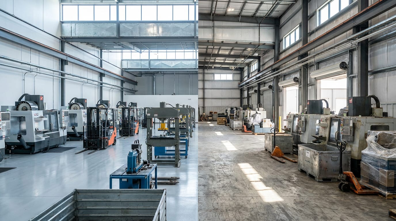 Industrial warehouse with maintained CNC machinery and hydraulic equipment on left, shipping preparation area with pallet jacks near loading dock o…