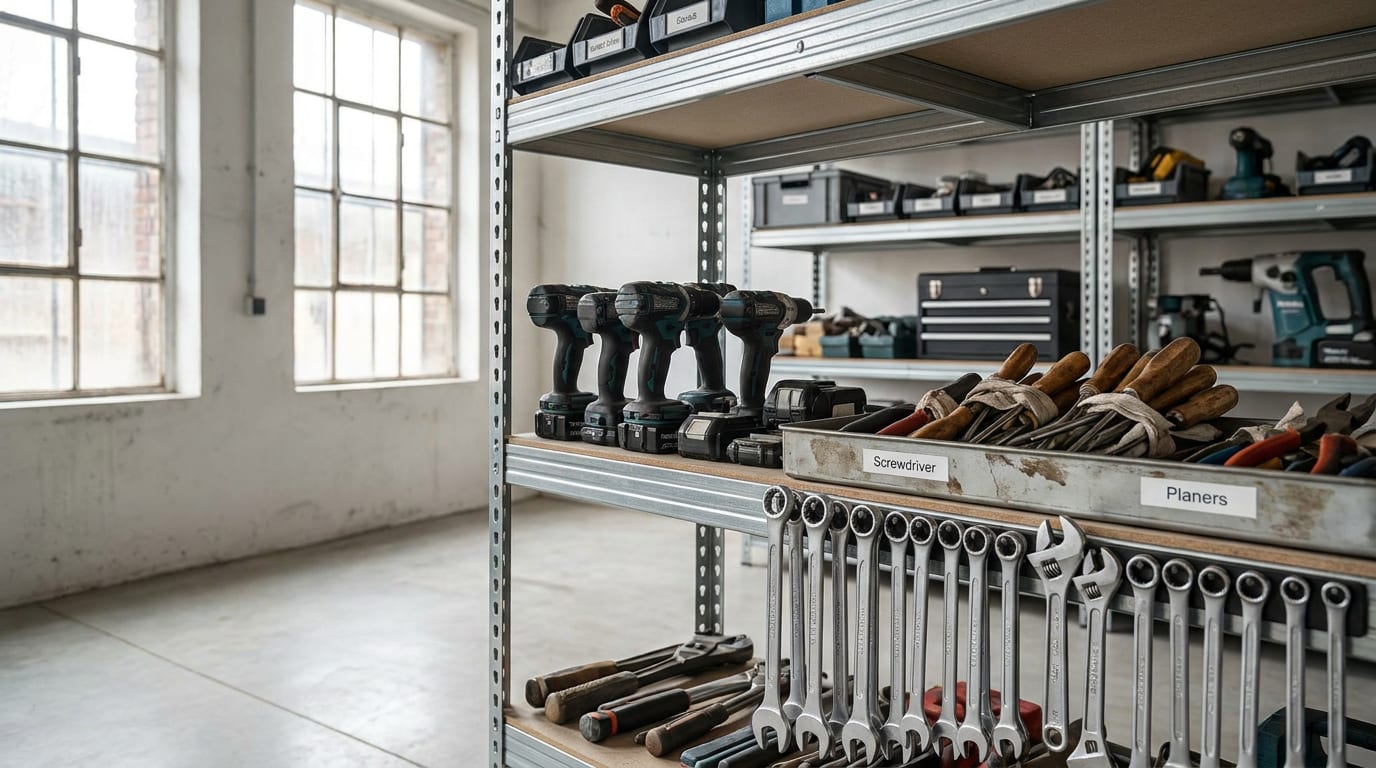 Metal shelving unit with organized hand and power tools sorted by type in bright workshop