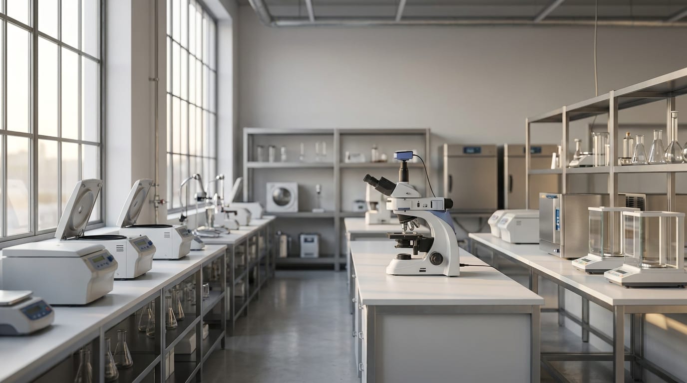 Organized laboratory with microscopes, centrifuges, and analytical equipment on white countertops in modern research facility