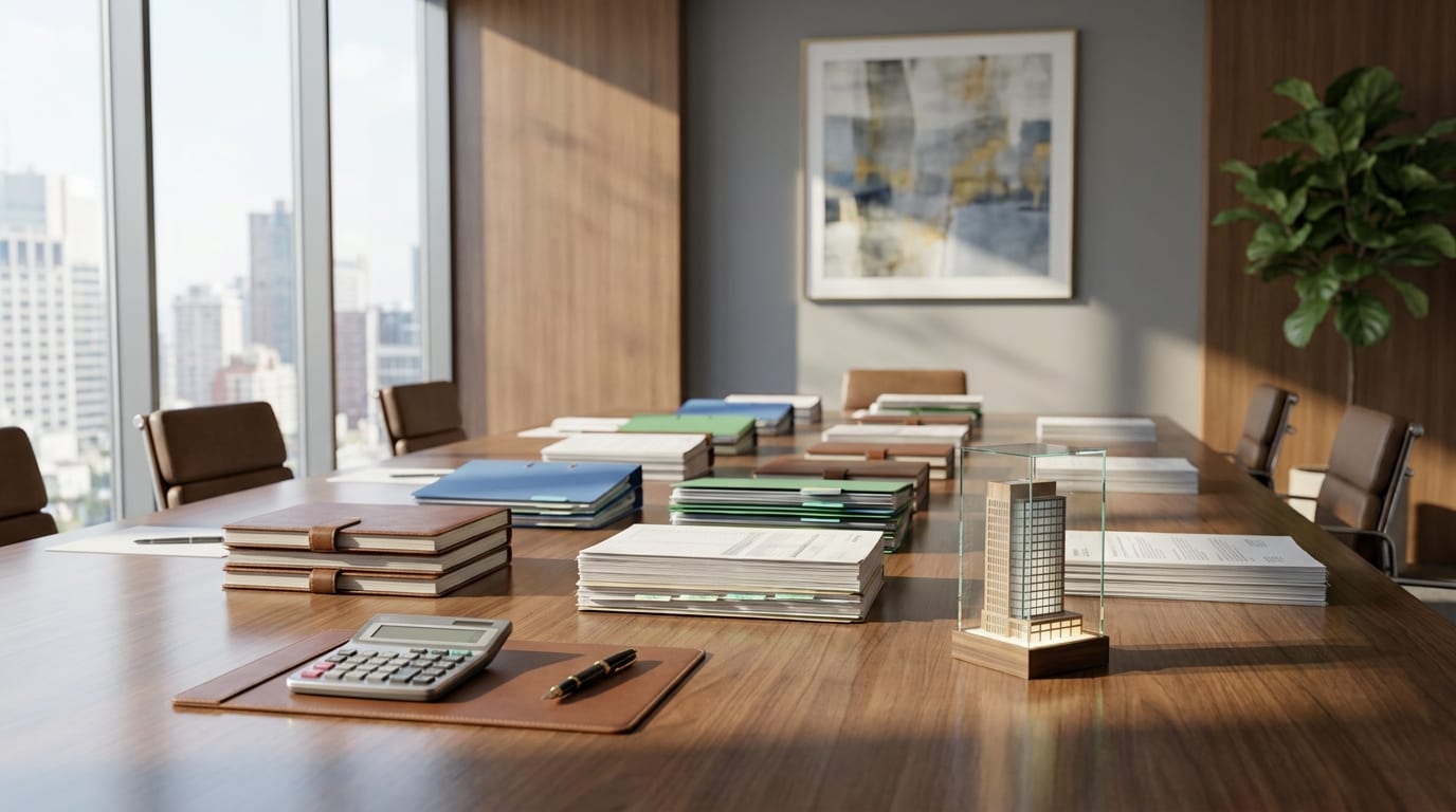 Executive boardroom table with financial documents, ledgers, calculator, and architectural model in sunlit office