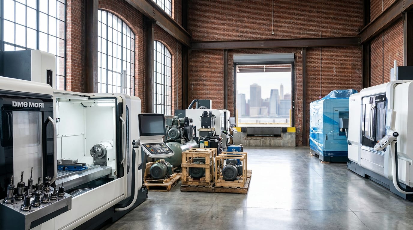 Industrial warehouse with CNC machining center, equipment on pallets near loading dock, and crated machinery under natural light