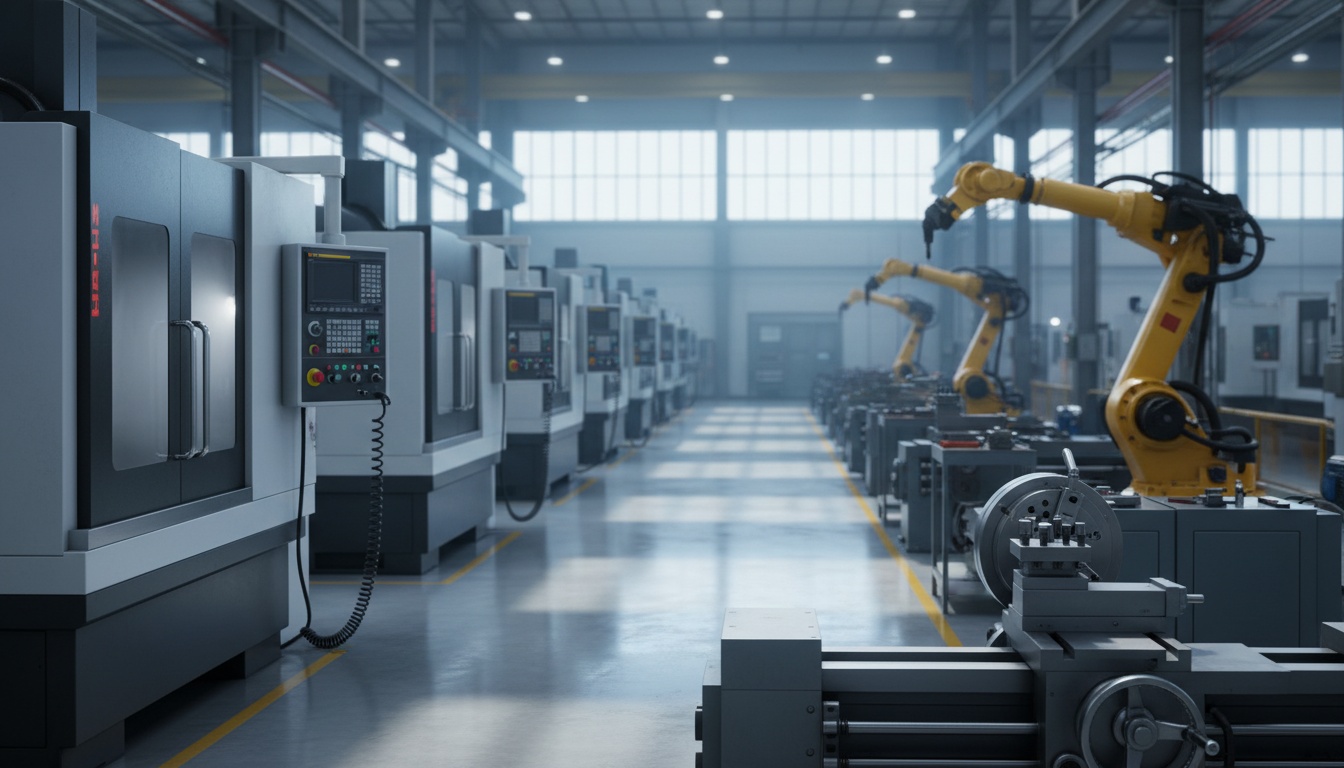 Industrial manufacturing facility with CNC machines, lathes, and robotic welding arms on polished concrete floor