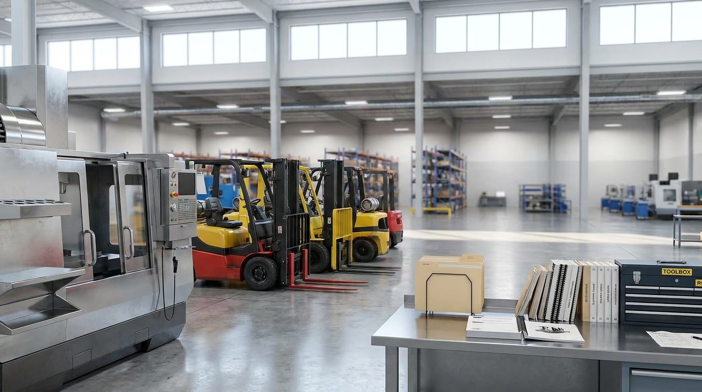 Industrial warehouse with organized CNC machine, forklifts, and maintenance documentation on metal desk