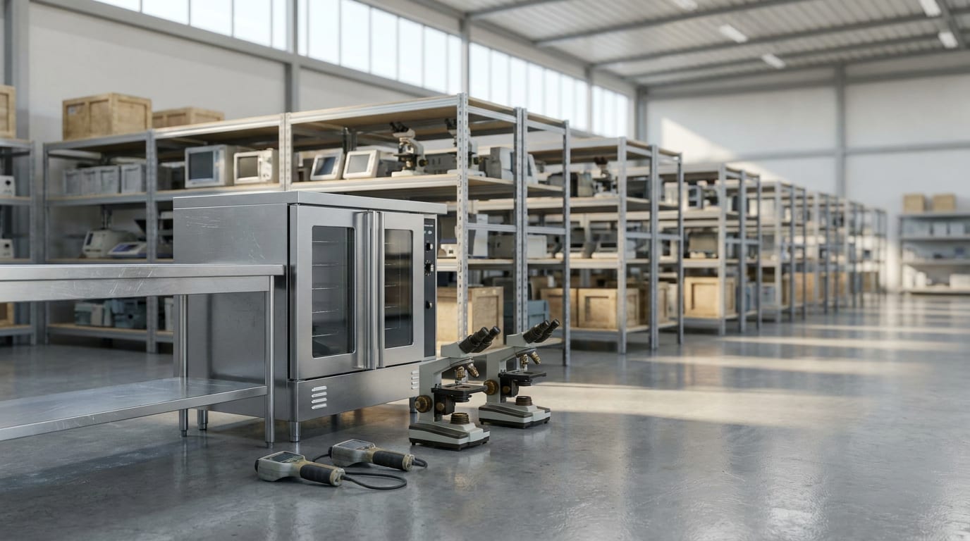 Industrial storage facility with donated medical and laboratory equipment arranged in rows under clerestory windows