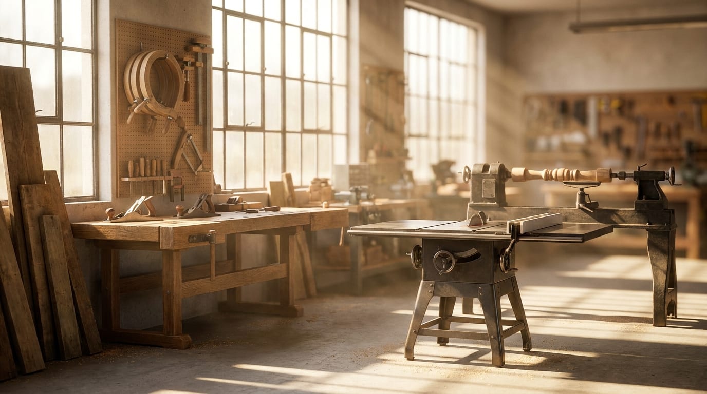 Vintage woodworking workshop with inherited tools: cast-iron table saw, wood lathe, hand planes, and hardwood boards lit by morning light through w…