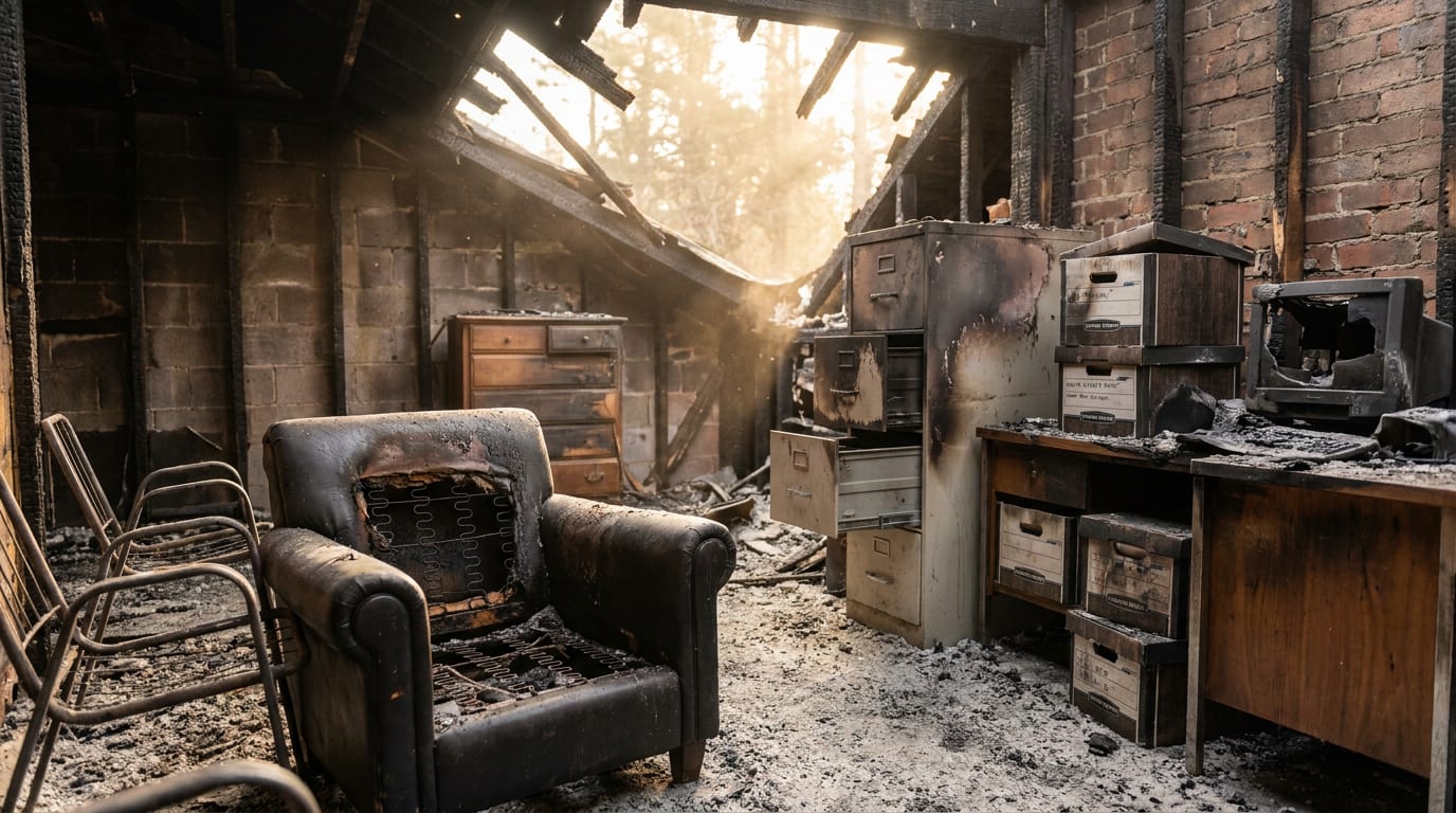 Fire-damaged interior with charred beams, soot-stained walls, and burnt furniture amid ash-covered floor