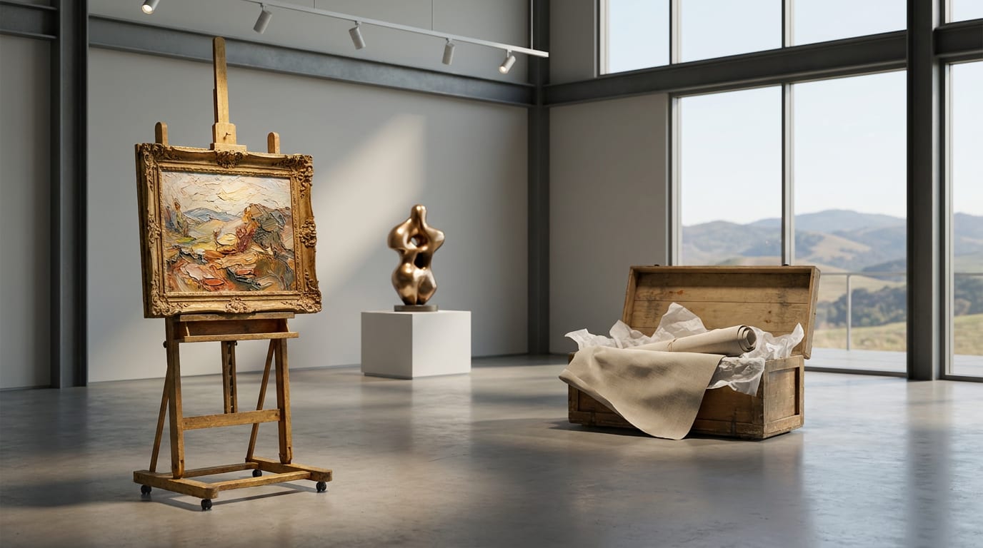 Minimalist San Francisco gallery with three art pieces—framed oil painting on easel, bronze sculpture on pedestal, rolled canvas in archival crate—…