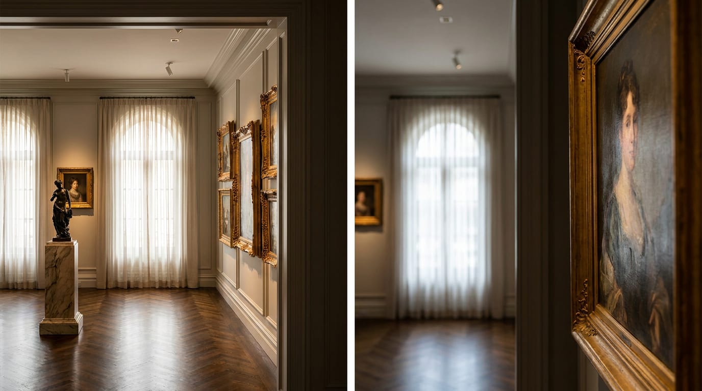 Private gallery room with framed oil paintings, bronze sculpture on marble pedestal, and tall arched windows in Upper East Side townhouse