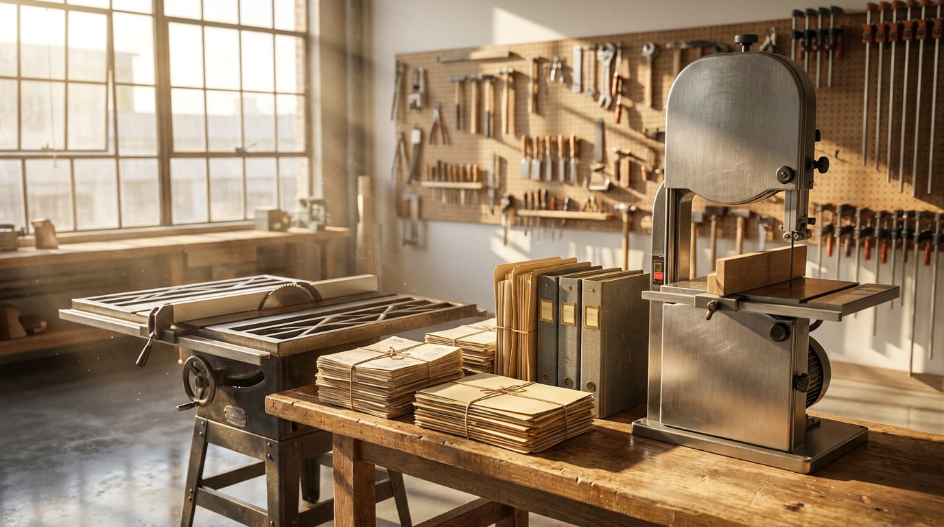 Sunlit woodworking workshop with organized workbench, invoices, binders, vintage table saw, and band saw catching warm diagonal light
