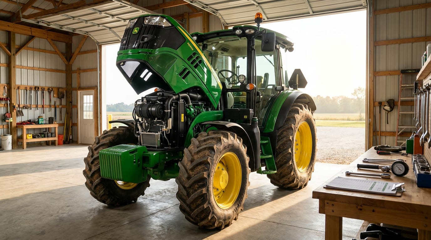Green and yellow tractor in equipment barn with open hood and clean concrete floor