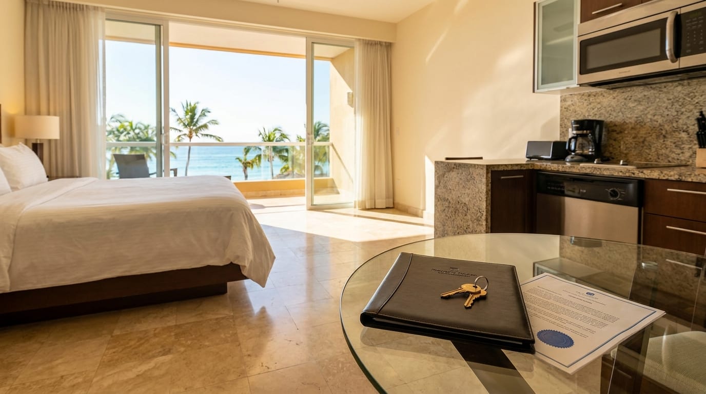 Modern resort condo interior with ocean view, keys, and ownership documents on dining table