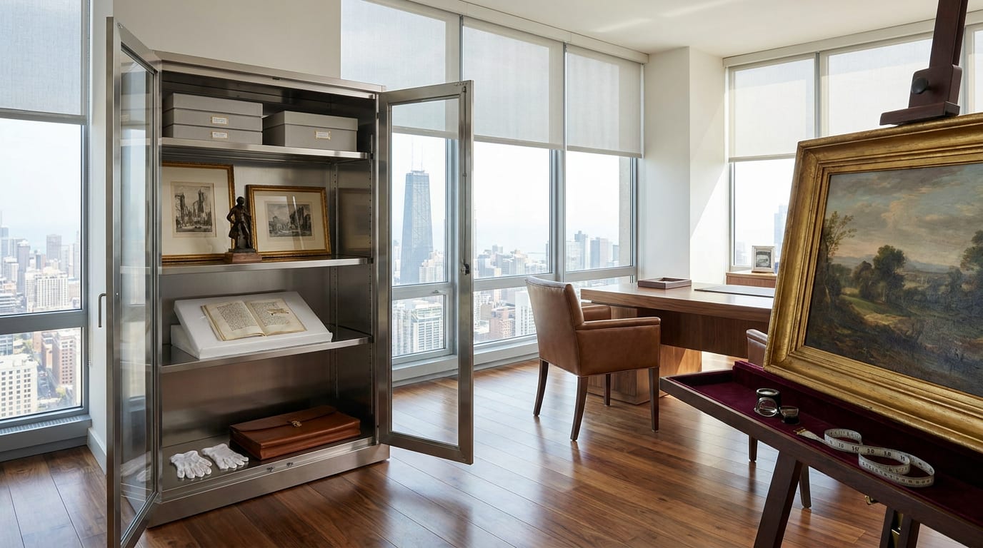 Private art collection storage in high-rise study with organized archival cabinet, framed works, and Chicago skyline view through windows