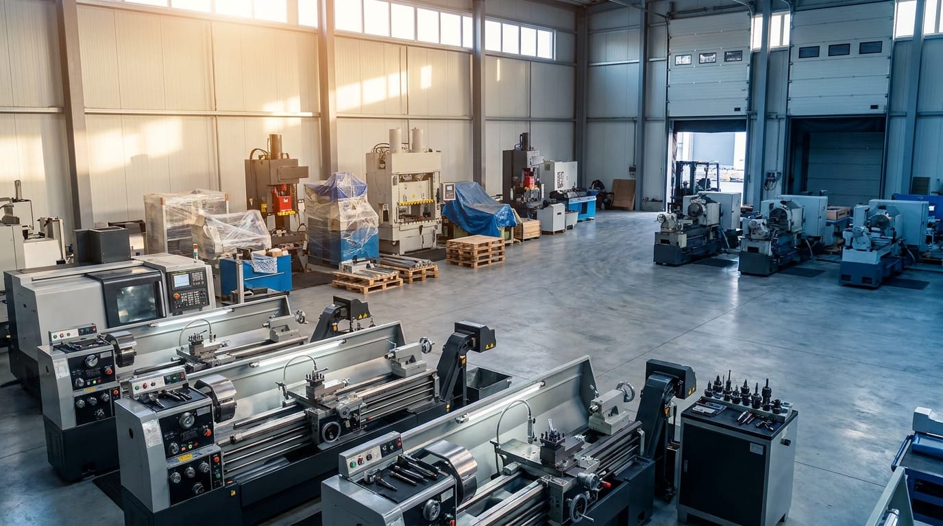Industrial warehouse with three rows of CNC machines, hydraulic presses, and lathes in different preparation stages under morning light