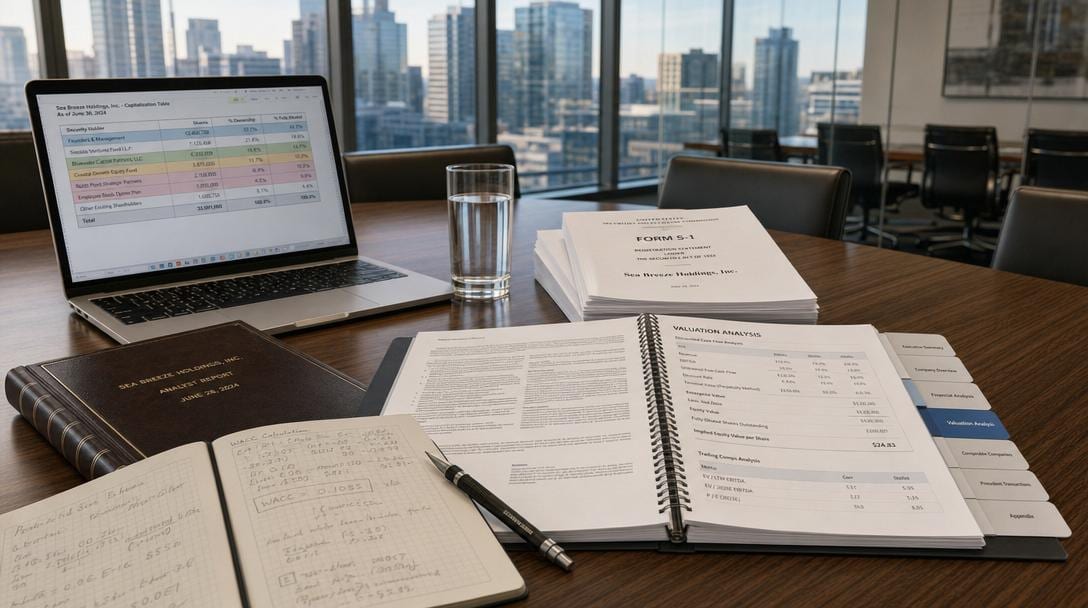 Private equity office with financial documents, laptop displaying cap table spreadsheet, and city skyline view through floor-to-ceiling windows