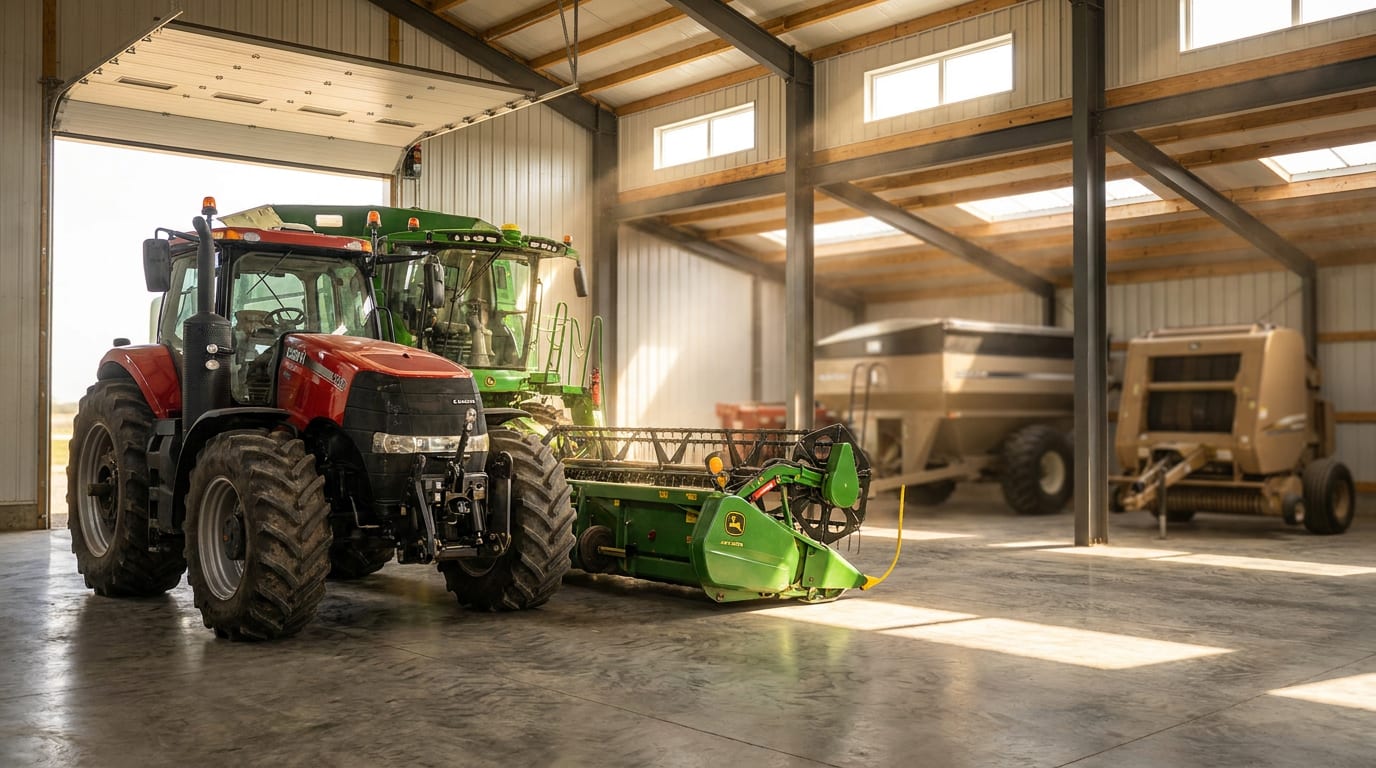 Row of agricultural machines in sunlit modern equipment barn with combine harvester in foreground