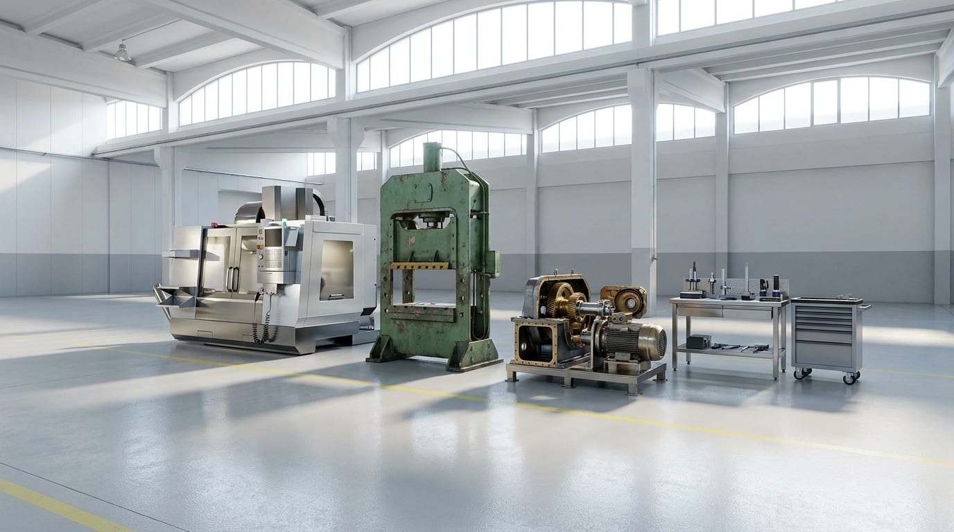 Industrial warehouse with row of machinery including polished CNC milling machine and weathered hydraulic press, concrete floor with safety marking…