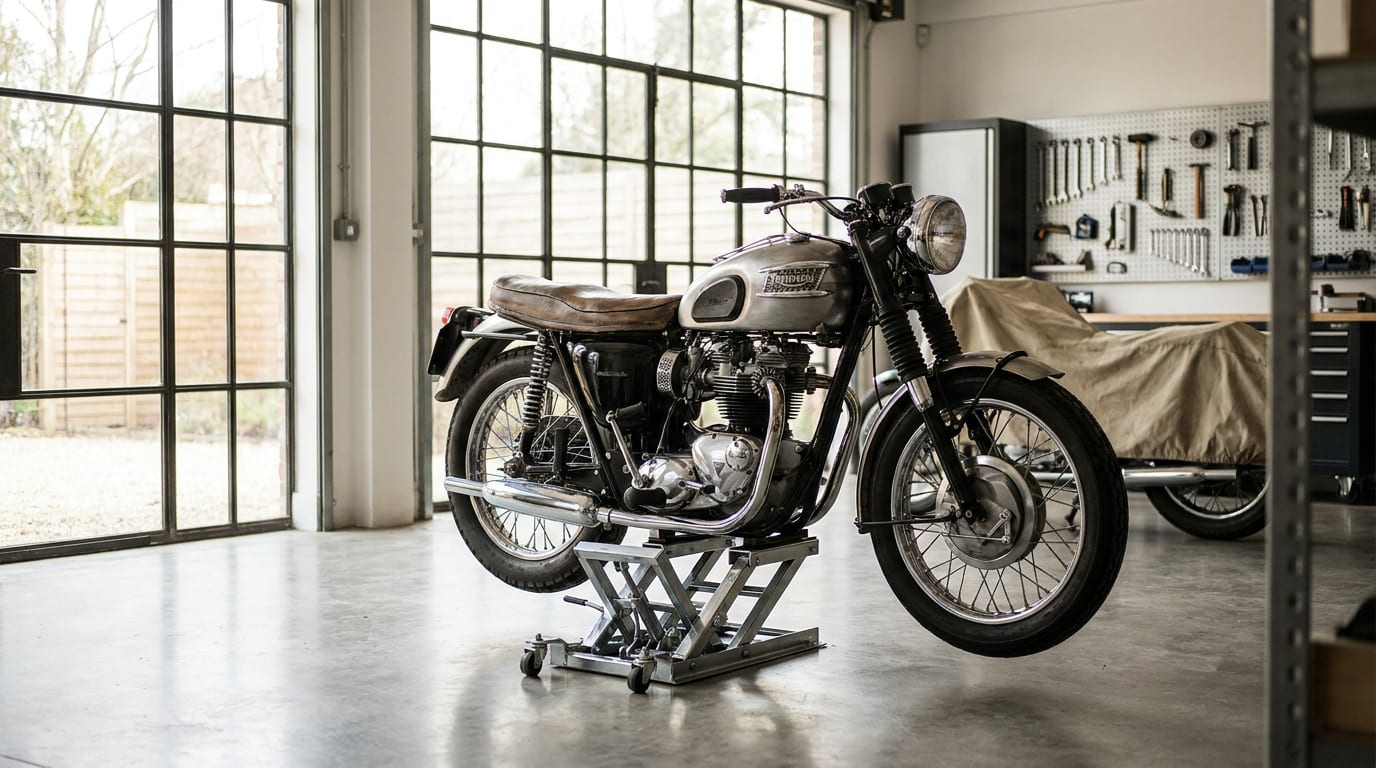 Classic motorcycle on metal lift stand in sunlit modern garage workshop