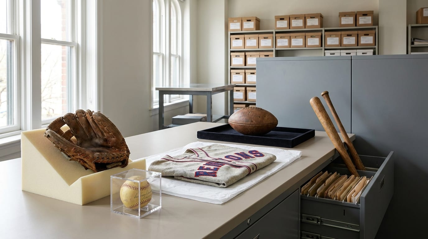 Archival room displaying vintage sports memorabilia including baseball glove, signed ball, jersey, football, and bats on museum-quality mounts