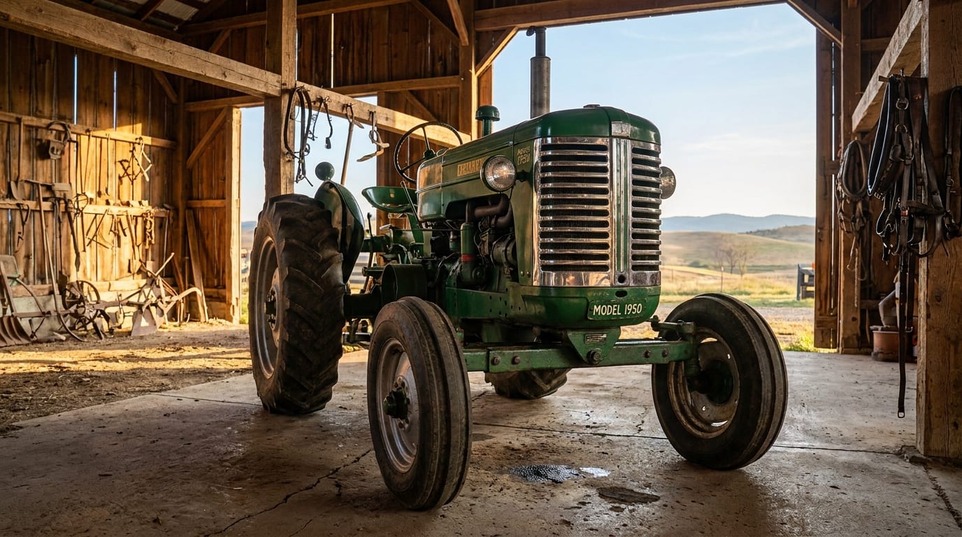 Vintage green farm tractor parked in wooden barn with golden sunlight and farm implements