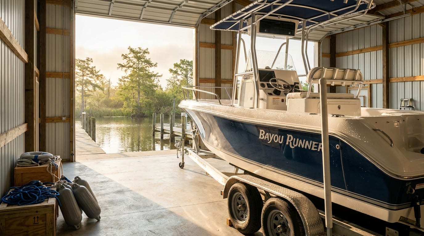 Center-console fishing boat on trailer in sunlit bayou storage facility