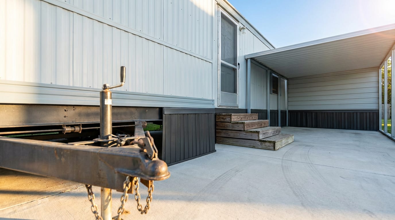 Manufactured home with aluminum siding and visible chassis hardware in residential community