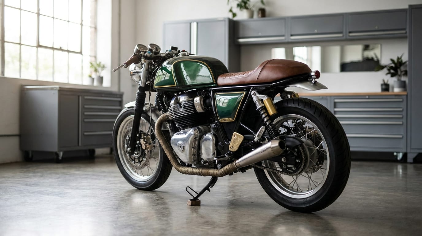 Custom motorcycle with chrome engine and hand-painted tank in minimalist garage studio
