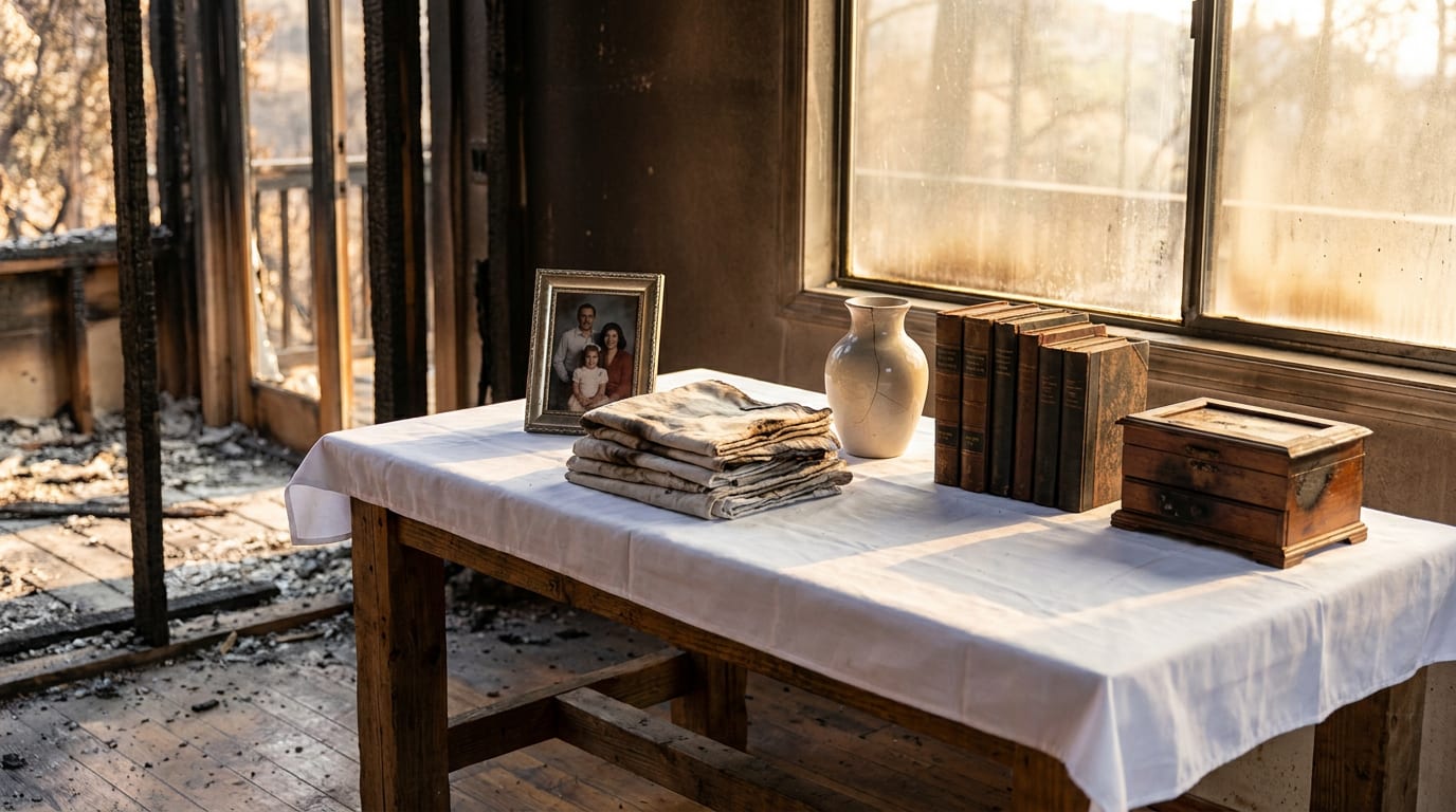 Salvaged household items arranged on white cloth in fire-damaged California home living room