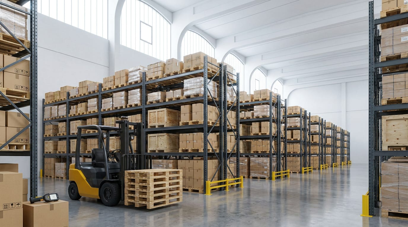 Organized warehouse distribution center with industrial steel racking, palletized goods, and parked forklift in foreground