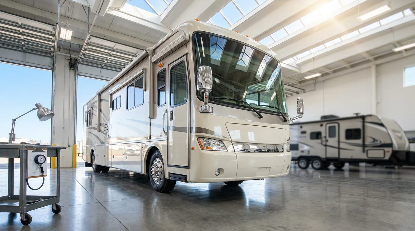 Class A motorhome in inspection bay with diagnostic tools and skylights