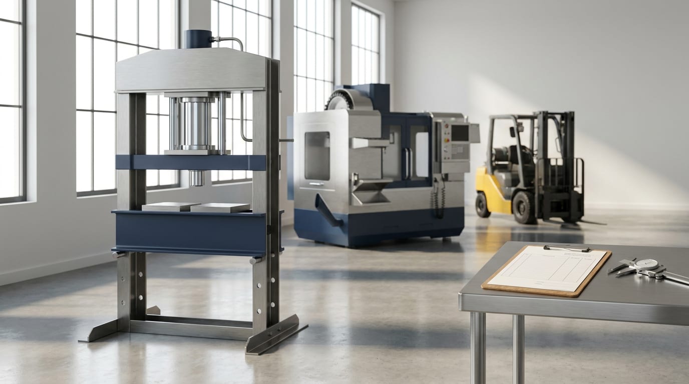 Industrial showroom with hydraulic press, CNC milling machine, and forklift on polished concrete floor with inspection tools