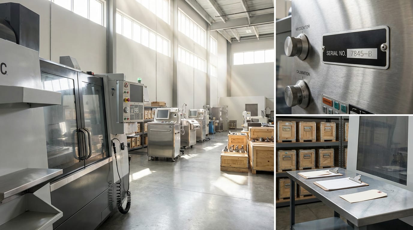 Industrial warehouse with CNC milling machine, medical diagnostic units, and precision equipment on polished concrete floor with clerestory windows